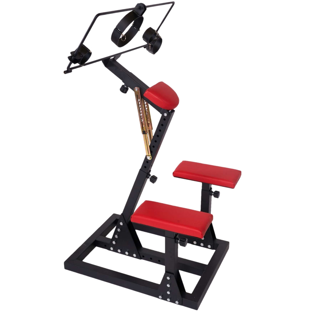 Adjustable BDSM Restraint Stand with Neck, Wrist and Ankle Cuffs