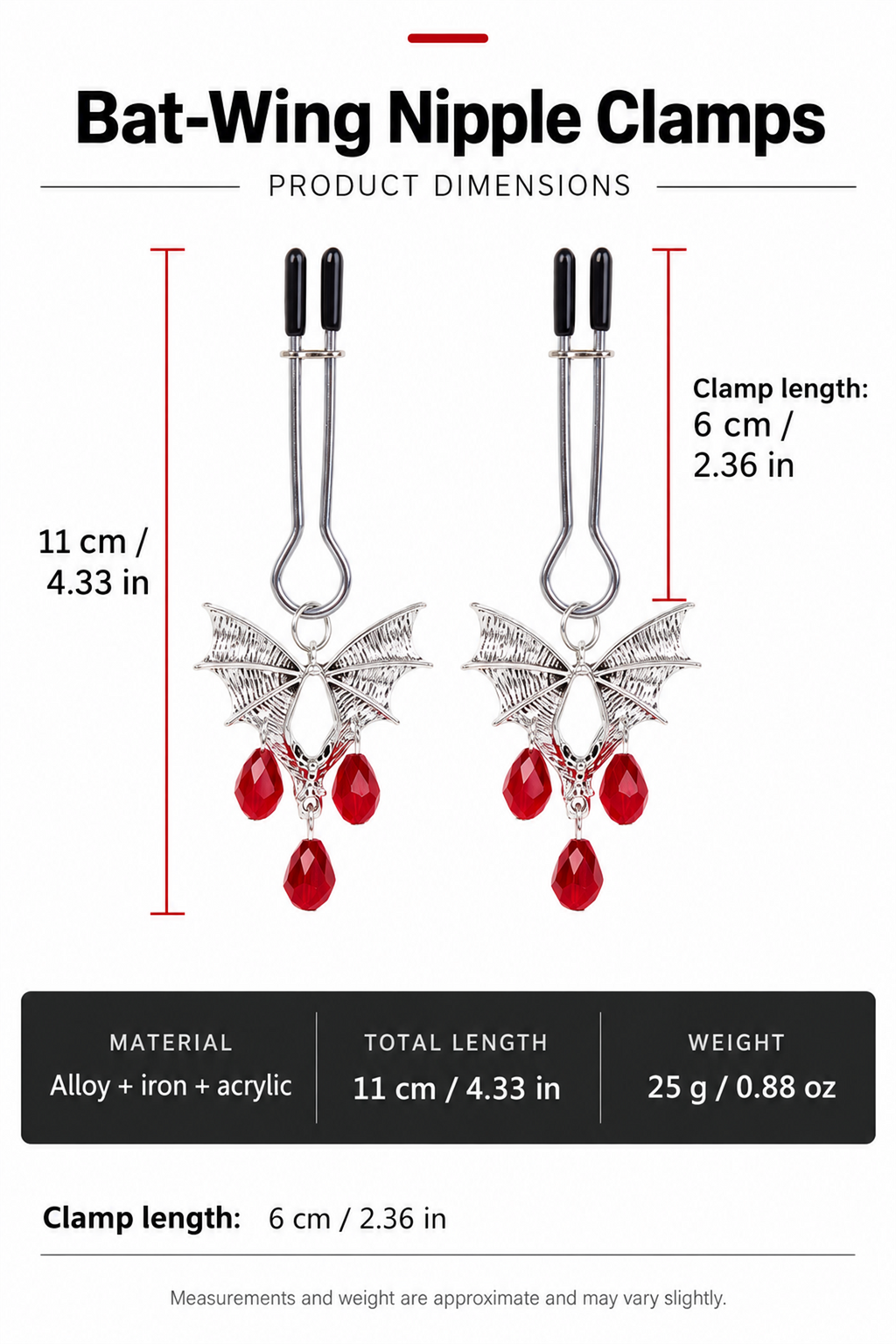 Bat-Wing Nipple Clamps with Red Crystal Drops