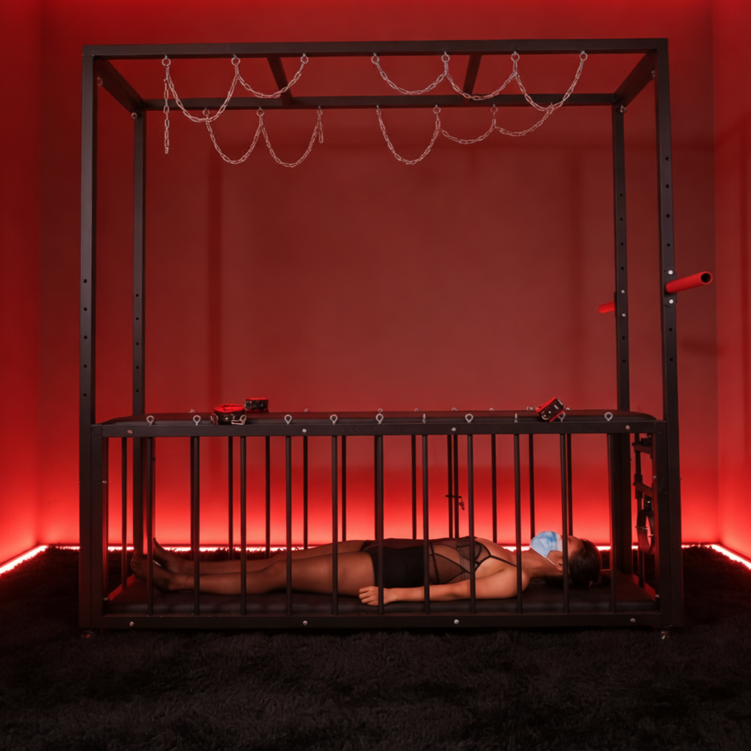 Full-Frame BDSM Bondage Bed with Under-Bed Cage and Vibrator Mount