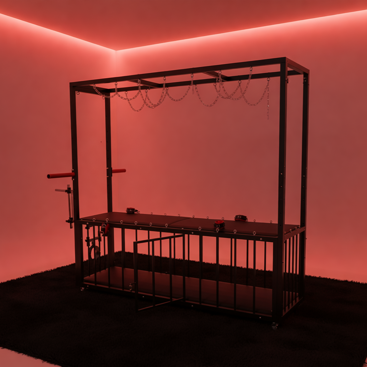 Full-Frame BDSM Bondage Bed with Under-Bed Cage and Vibrator Mount