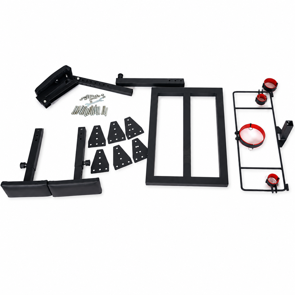 Adjustable BDSM Restraint Stand with Neck, Wrist and Ankle Cuffs