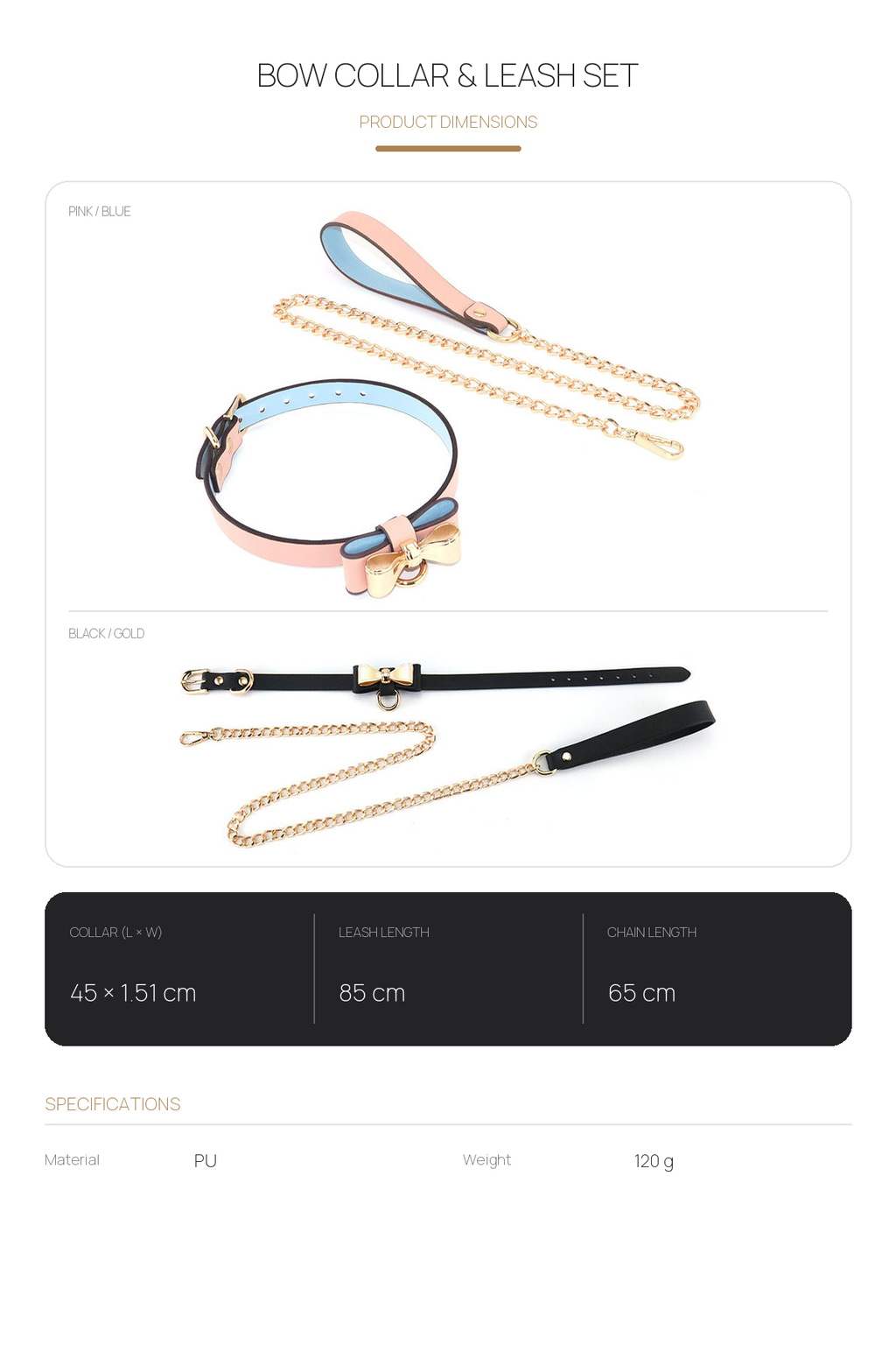 Genuine Leather Bow Collar and Chain Leash Set BM116