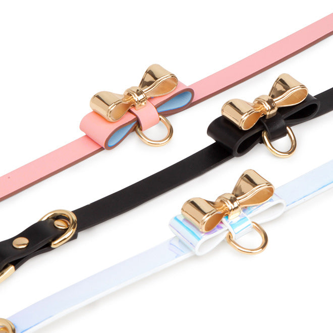 Genuine Leather Bow Collar and Chain Leash Set BM116