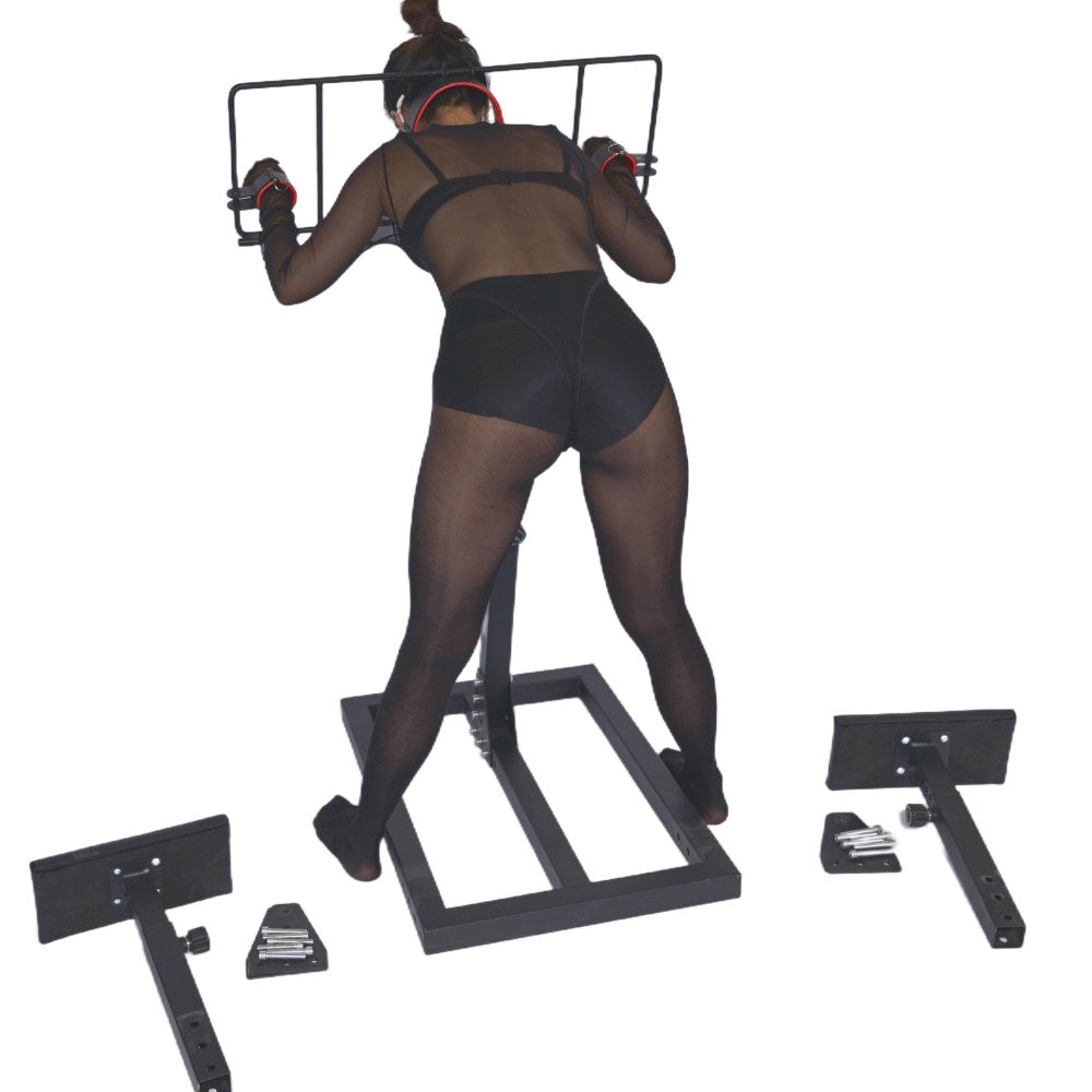 Adjustable BDSM Restraint Stand with Neck, Wrist and Ankle Cuffs