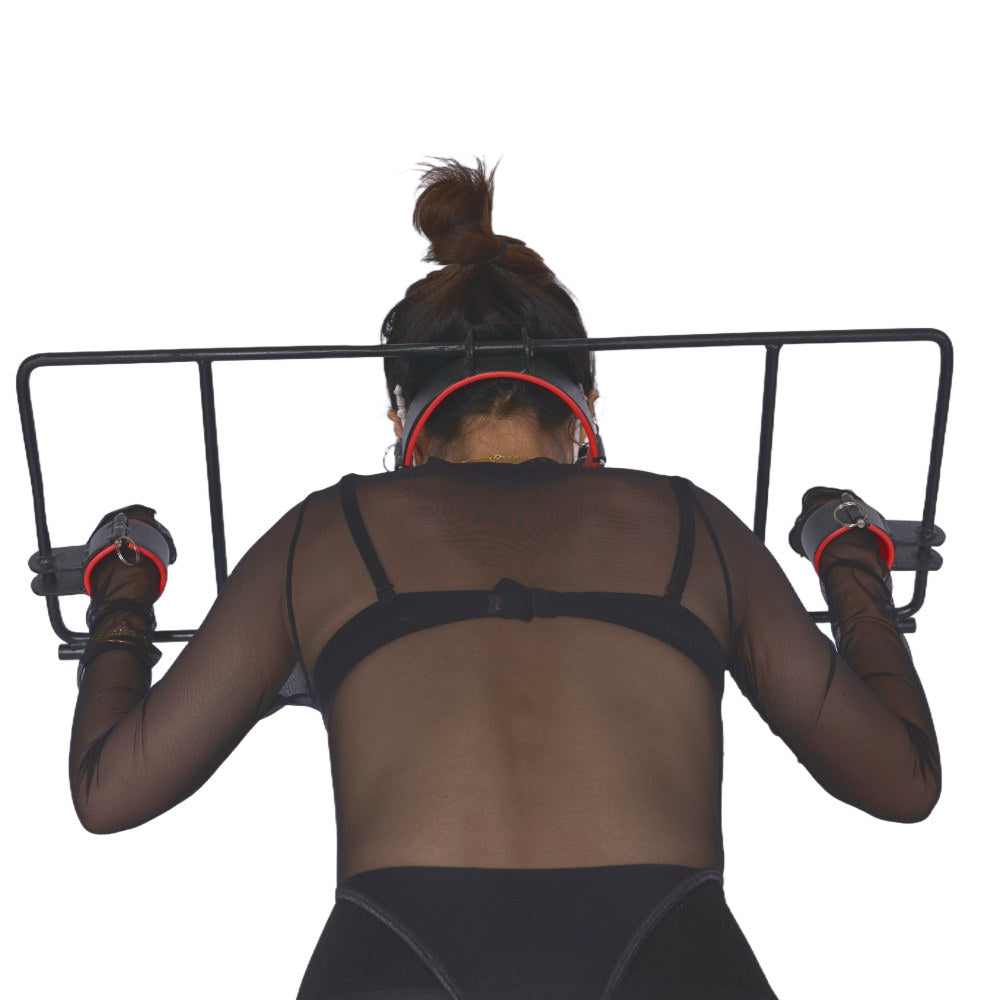Adjustable BDSM Restraint Stand with Neck, Wrist and Ankle Cuffs