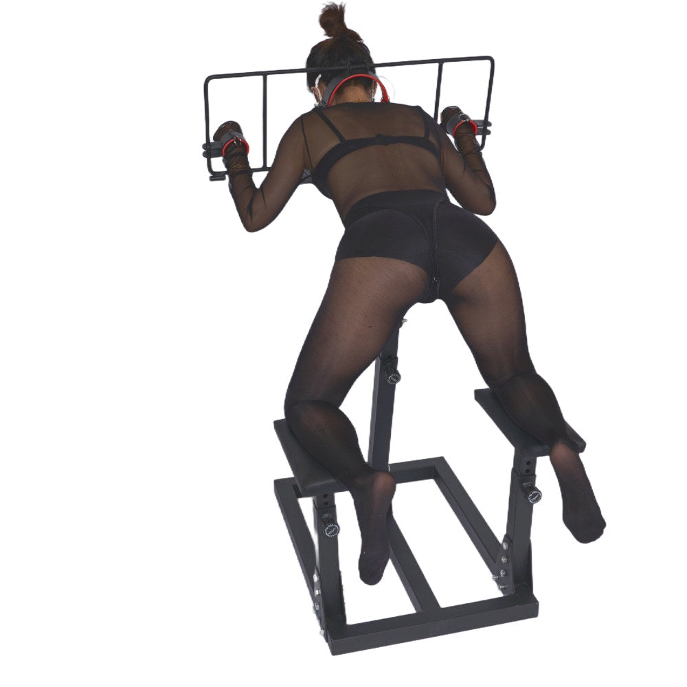 Adjustable BDSM Restraint Stand with Neck, Wrist and Ankle Cuffs