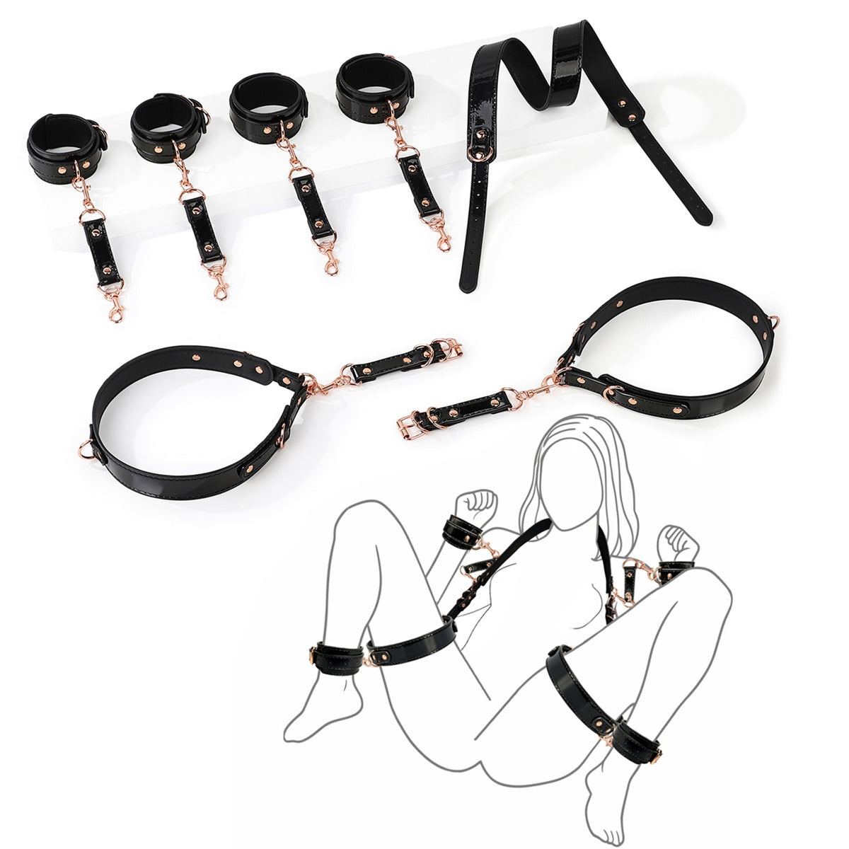 4-Piece Glossy PU Leather Thigh Spreader Restraint Set